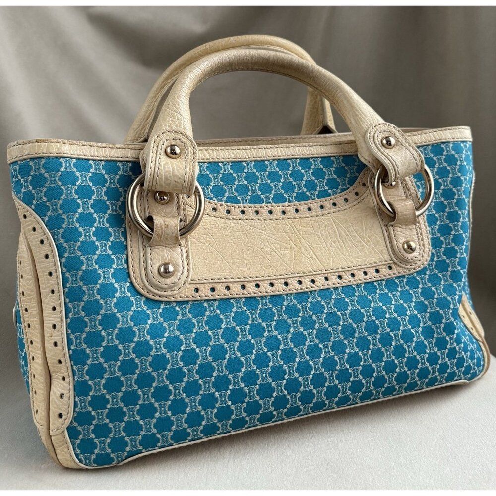 Celine Macadam Canvas Cream Leather Hand Bag Aquamarine Blue Purse